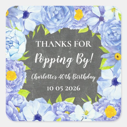 Blauwe Bedankt voor Popping By Birthday Label (Voorkant)