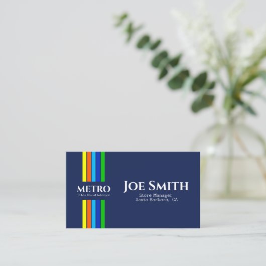 Blauwe bedrijfsnaam Urban Modern Vertical Stripes Visitekaartje (Staand voorkant)