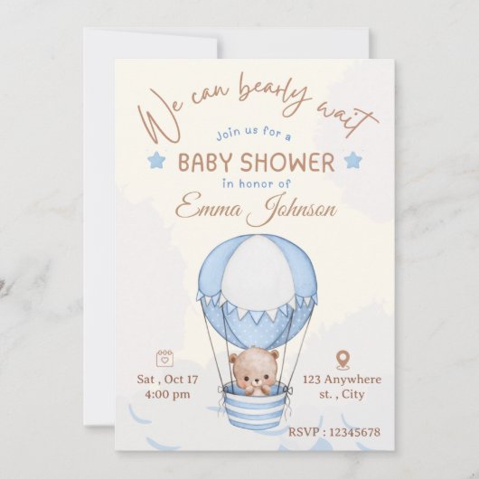 Blauwe beer babyshower uitnodiging (Voorkant)
