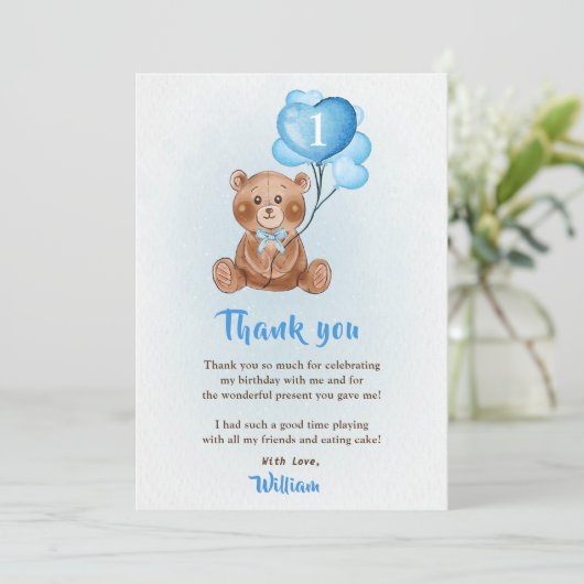 Blauwe Beer ballon Birthday Foto bedankt Kaart (Staand voorkant)