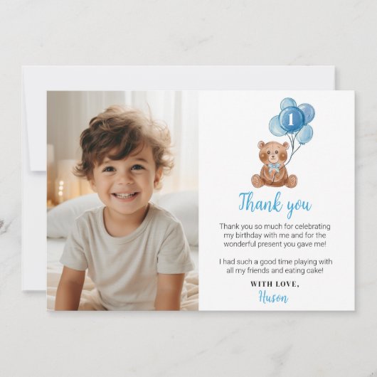 Blauwe Beer Ballon Verjaardagsfoto Bedankkaart (Voorkant)