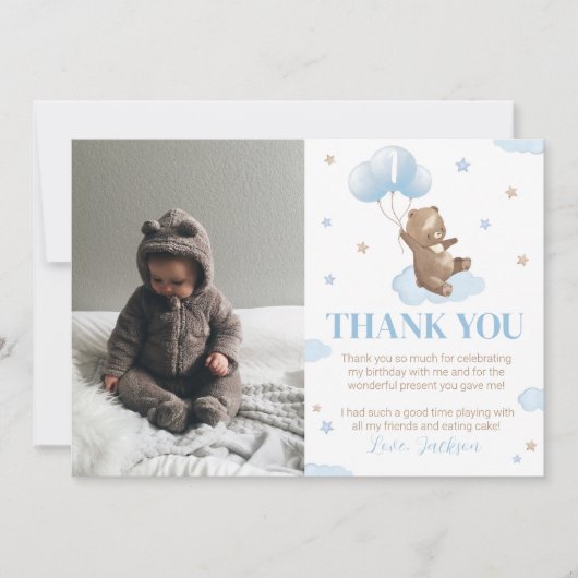 Blauwe Beer Ballon Verjaardagsfoto Bedankkaart (Voorkant)