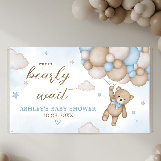 Blauwe Beer Ballonnen Baby Shower Spandoek
