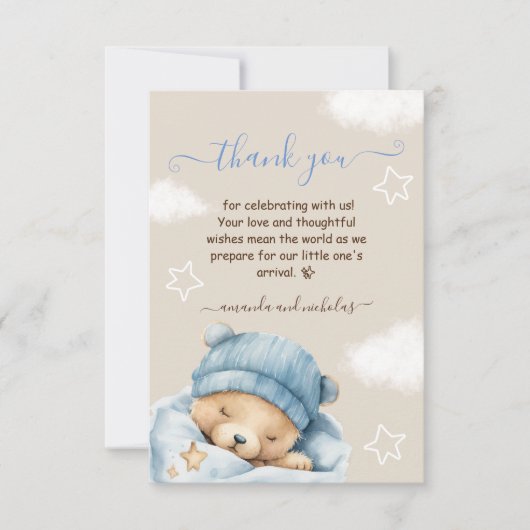 Blauwe beer op de wolken Baby jongen douche Bedankkaart (Voorkant)