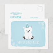 Blauwe Beer Winter Onederland Eerste verjaardag Uitnodiging Briefkaart (Voorkant / Achterkant)