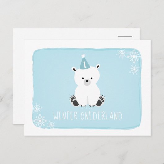 Blauwe Beer Winter Onederland Eerste verjaardag Uitnodiging Briefkaart (Voorkant / Achterkant)