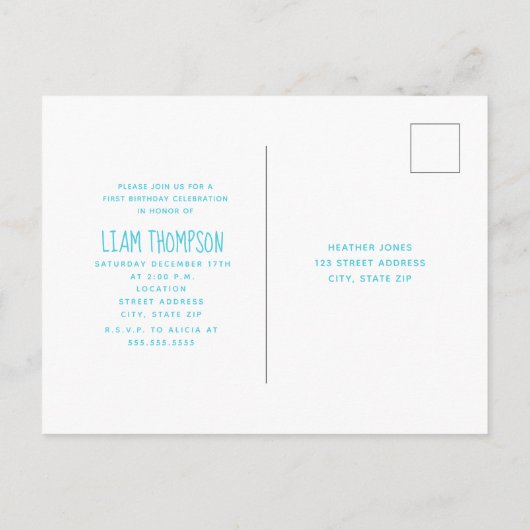 Blauwe Beer Winter Onederland Eerste verjaardag Uitnodiging Briefkaart (Achterkant)