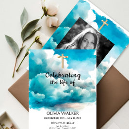 Blauwe begrafenisuitnodiging, het leven vieren kaart