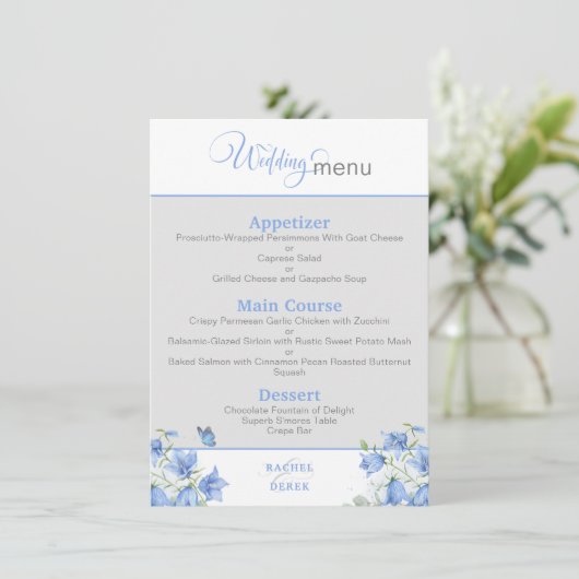 Blauwe Bellflower Bruiloftsmenu Menu (Staand voorkant)