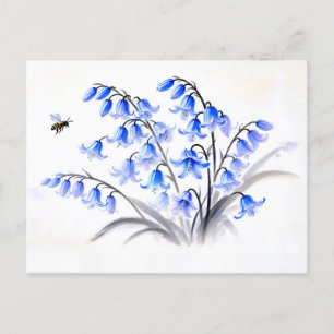 Blauwe Bellflowers Aziatische inkt schilderij Feestdagenkaart