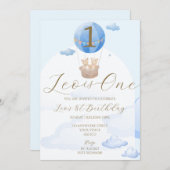 Blauwe Beren ballonnen Kinder 1e Verjaardagsuitnod Kaart (Voorkant / Achterkant)