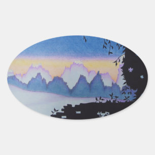 Blauwe berg zonsondergang landschap illustratie ovale sticker