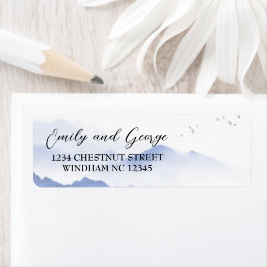 Blauwe bergen bruiloft retour adreslabels etiket (Insitu)