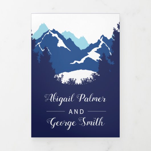 Blauwe bergen en bomen foto winter bruiloft drieluik uitnodiging (Cover)