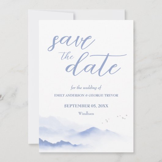 Blauwe bergen en bruiloften redden de datum kaart (Voorkant)