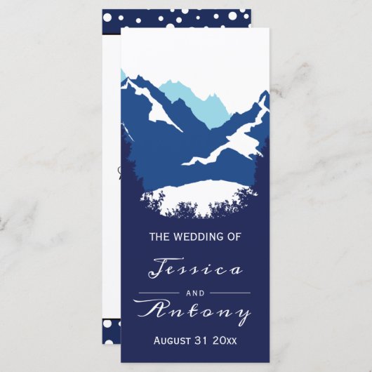Blauwe bergen en coniferen bomen bruiloft programm programmakaart (Voorkant / Achterkant)