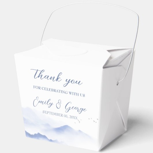 Blauwe bergen en vogels bruiloft bedankdoosjes (Voorkant)