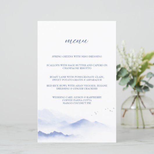 Blauwe bergen en vogels bruiloft menu (Staand voorkant)