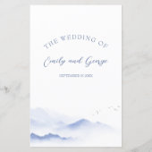 Blauwe bergen en vogels bruiloft menu (Achterkant)