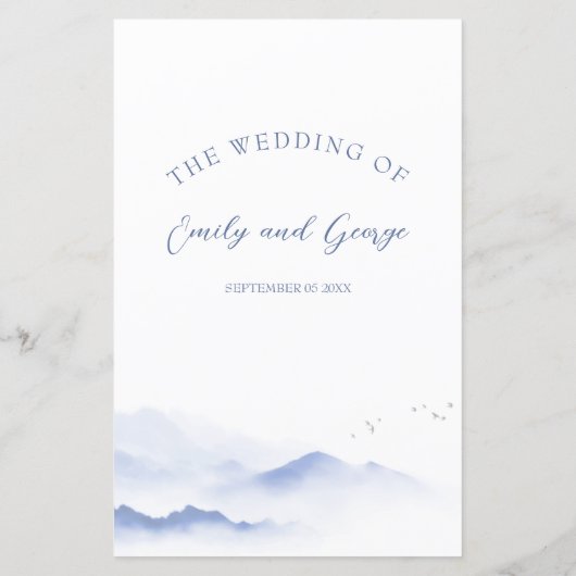 Blauwe bergen en vogels bruiloft menu (Achterkant)