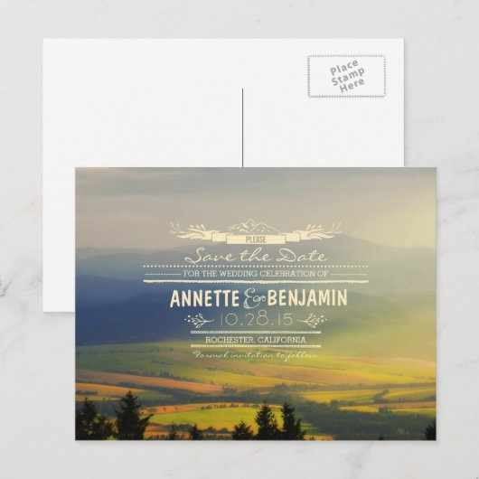 Blauwe bergen en zonsondergangshorizons redden de aankondigingskaart (Voorkant / Achterkant)