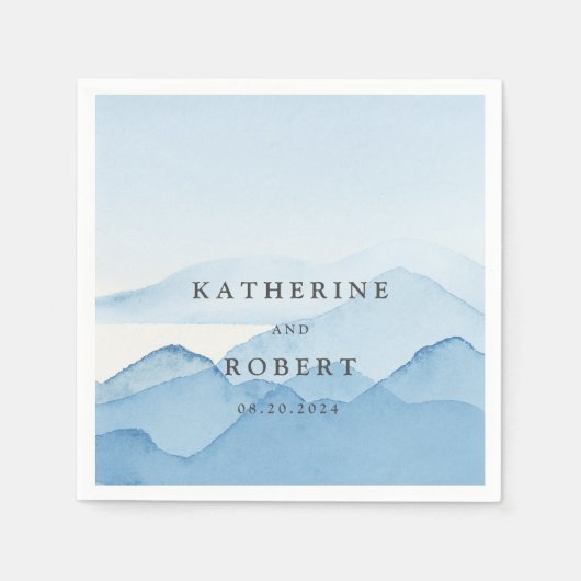 Blauwe Bergketen Landschap Bruiloft Monogram Servet (Voorkant)