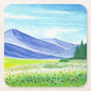Blauwe Bergvallei Wilde Bloemen Aquarel Kartonnen Onderzetters