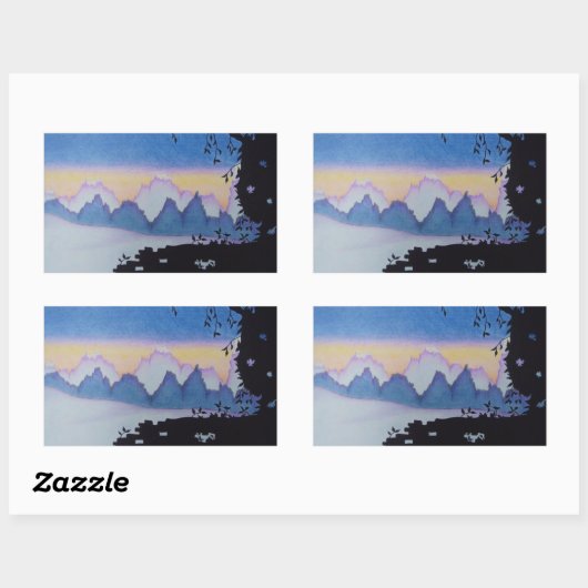 Blauwe bergzonsondergang abstract landschapsschild rechthoekige sticker (Vel)