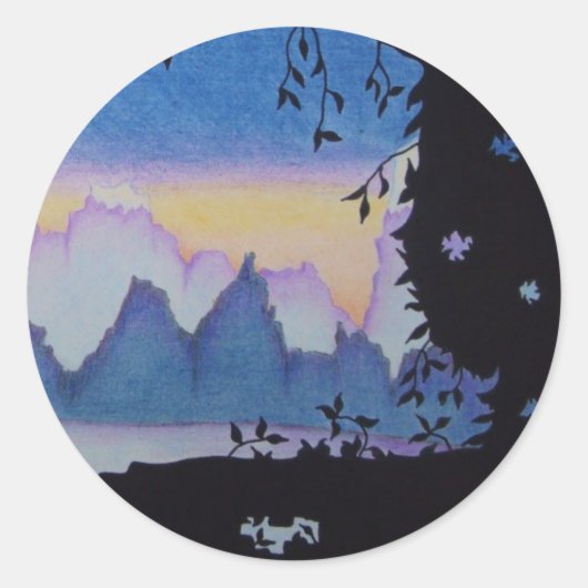Blauwe bergzonsondergang abstract landschapsschild ronde sticker (Voorkant)