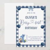 Blauwe Bes Eerste Verjaardag Gingham Uitnodiging (Voorkant / Achterkant)