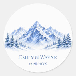 Blauwe Besneeuwde Aquarel Bergen Bruiloft Ronde Sticker