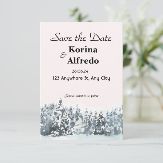 Blauwe besneeuwde aquarel winter Save the Date kaa (Staand voorkant)