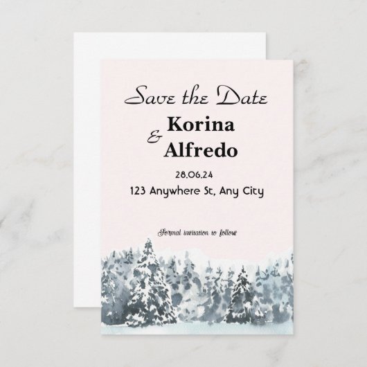 Blauwe besneeuwde aquarel winter Save the Date kaa (Voorkant / Achterkant)