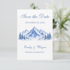 Blauwe Besneeuwde Bergen Bruiloft Save the Date Ka
