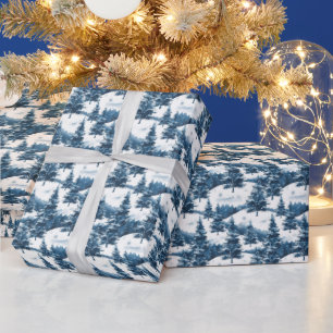Blauwe besneeuwde bomen met kersttegels in de wint cadeaupapier