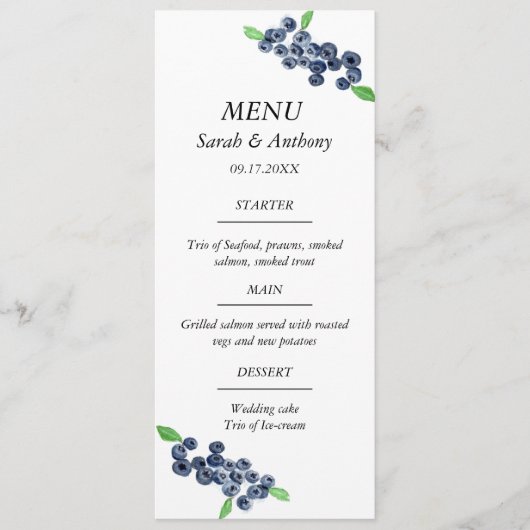Blauwe bessen Blauw Fruit Waterverf Bruiloft Voeds Menu (Voorkant)