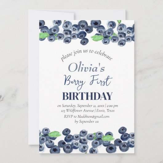 Blauwe bessen Fruit 1e Berry Eerste Verjaardag Kaart (Voorkant)