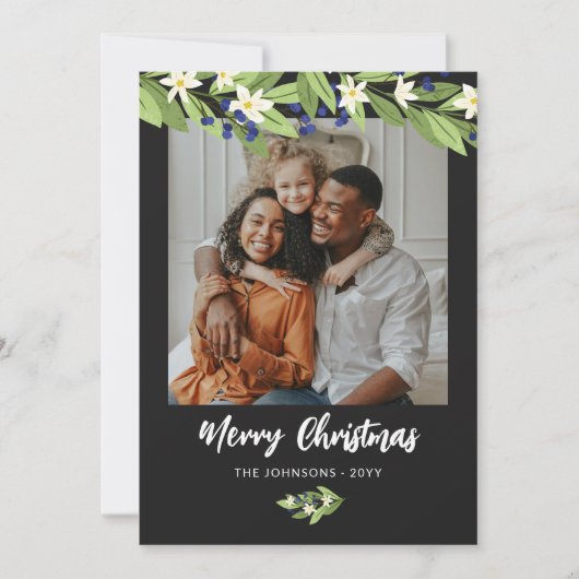 Blauwe bessen groen foto Vrolijk kerstfeest Feestdagenkaart (Voorkant)
