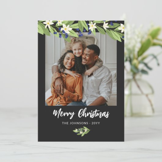 Blauwe bessen groen foto Vrolijk kerstfeest Feestdagenkaart (Staand voorkant)