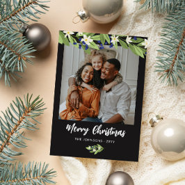 Blauwe bessen groen foto Vrolijk kerstfeest Feestdagenkaart