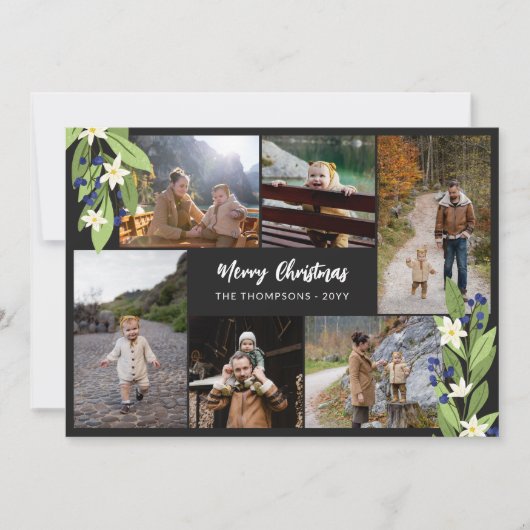 Blauwe bessen groen fotocollage vrolijke kerst feestdagenkaart (Voorkant)
