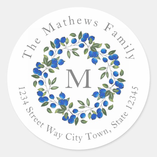 Blauwe bessen kransetiketten ronde sticker (Voorkant)
