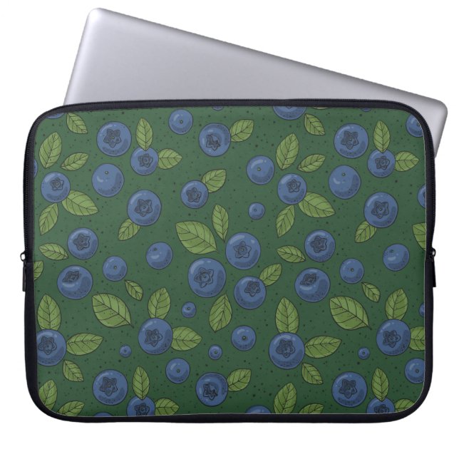 Blauwe bessen op donkergroen laptop sleeve (Voorkant)