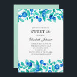 Blauwe bessen zoet 16. Munt en blauw 16e verjaarda Kaart<br><div class="desc">Sweet 16 verjaardagsuitnodiging met bosbessen. Contacteer me,  alstublieft,  als u extra punten nodig hebt.</div>