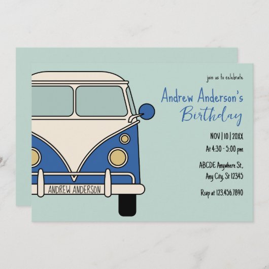 Blauwe bestelwagen verjaardag kaart (Voorkant / Achterkant)