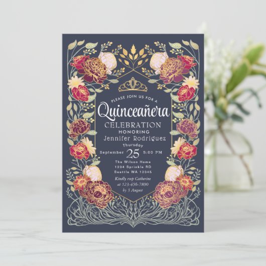 Blauwe Betoverde Tuin Bloemen Quinceanera Kaart (Staand voorkant)