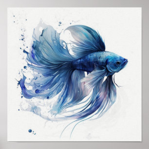 Blauwe Betta Vis met Stromende Waterverf Stijl Vin Poster