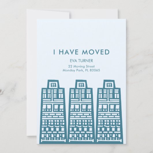 Blauwe bewegende aankondiging met retro gebouwen (Voorkant)