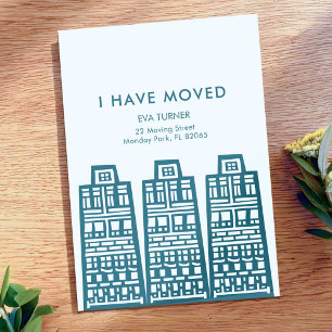 Blauwe bewegende aankondiging met retro gebouwen