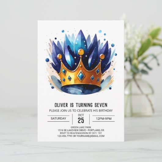 Blauwe bewerkbare Prins Kroon Verjaardag Kaart (Staand voorkant)